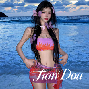 【雨雾紫藤】欧美新款性感纯欲bikini三件套分体沙滩温泉度假泳衣