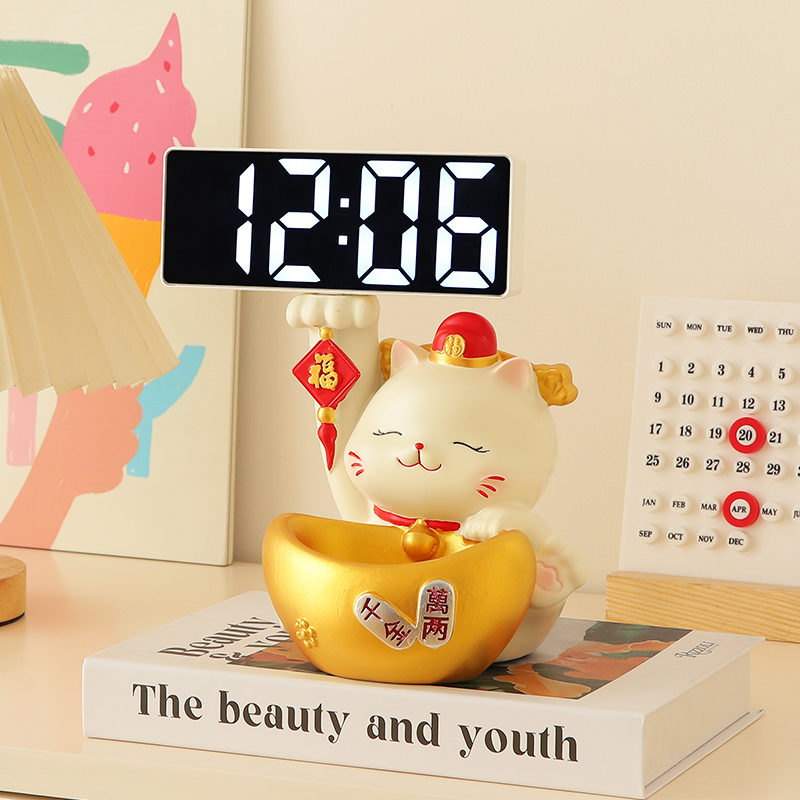 招财猫桌面时钟摆件客厅玄关家居装饰品卧室钟表摆台式摆放式摆设
