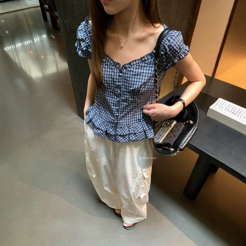 MZI STUDIO夏日韩系复古格纹百搭显瘦荷叶边钮扣泡泡袖小衫157905
