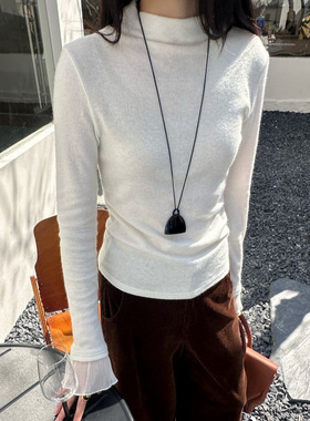 DIGM十三行女装2025秋冬半高领荷叶袖磨毛打底衫针织衫女A09371