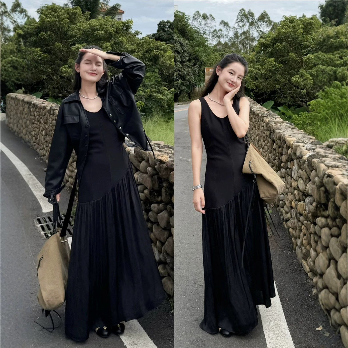 秋【DIGM】极简高级感百搭黑色拼接不规则设计收腰显瘦背心连衣裙