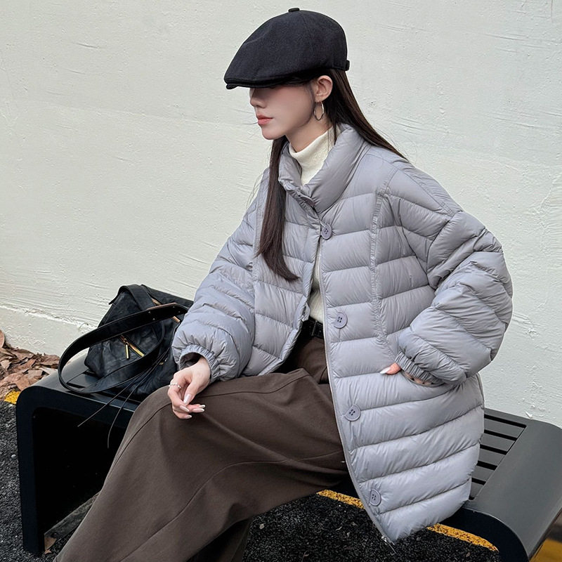 可脱卸针织围巾排骨款90白鸭绒中长款羽绒服女2025冬季时尚面包