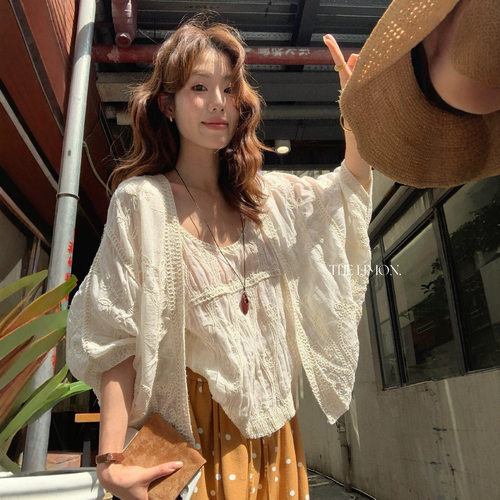 柠檬绿茶夏日法式重工刺绣精致绣花披肩+无袖蕾丝背心套装女10711