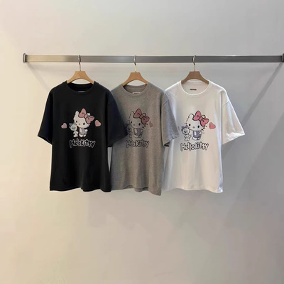 韩系东大门 pepper粉色蝴蝶结印花夏季新款T恤女休闲百搭显瘦短袖