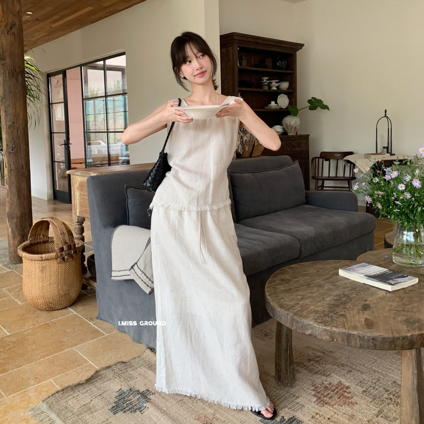 IMISS 夏季韩系简约风松弛感流苏百搭显瘦抽绳长款半身裙女R20532