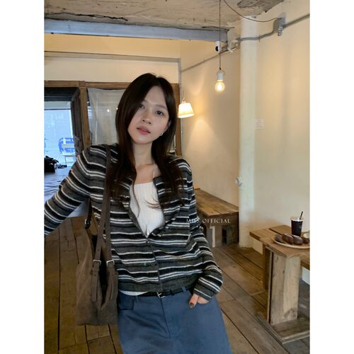 早秋上新！【密思家】复古经典！条纹羊毛开衫保暖毛衣女装A0907