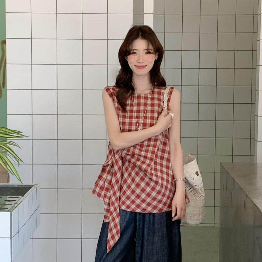 SUSAN-2026夏季韩系复古风格子绑带显瘦收腰圆领无袖小衫女si362