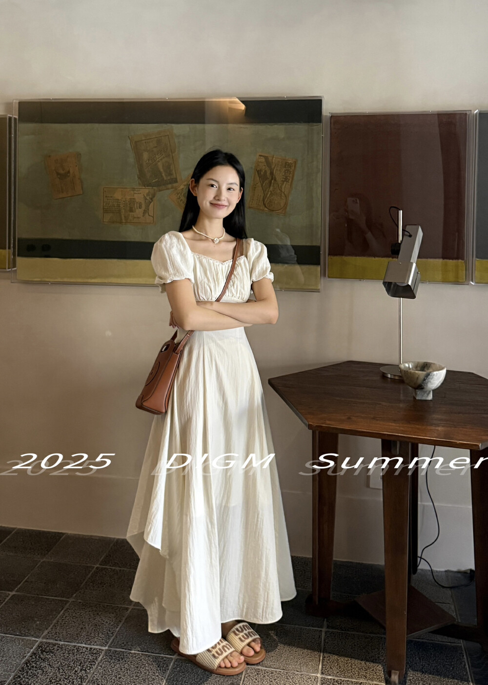 DIGM2025夏季新法式茶歇方领泡泡袖不规则下摆收腰显瘦连衣裙女