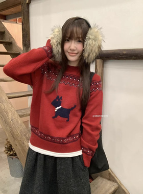 MZI STUDIO 秋冬韩系简约小狗提花软糯松弛圆领套头保暖毛衣25218