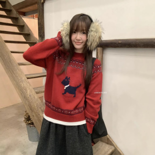 MZI 秋冬韩系简约小狗提花软糯松弛圆领套头保暖毛衣25218 STUDIO