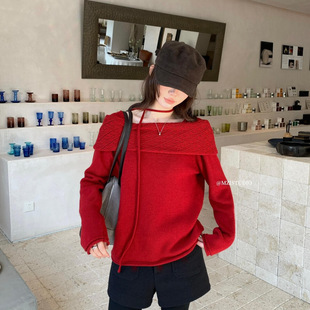 STUDIO 配腰绳 秋冬法式 女25220 节日氛围感收腰一字肩针织衫 MZI