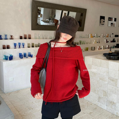 MZI STUDIO 秋冬法式节日氛围感收腰一字肩针织衫女25220(配腰绳)