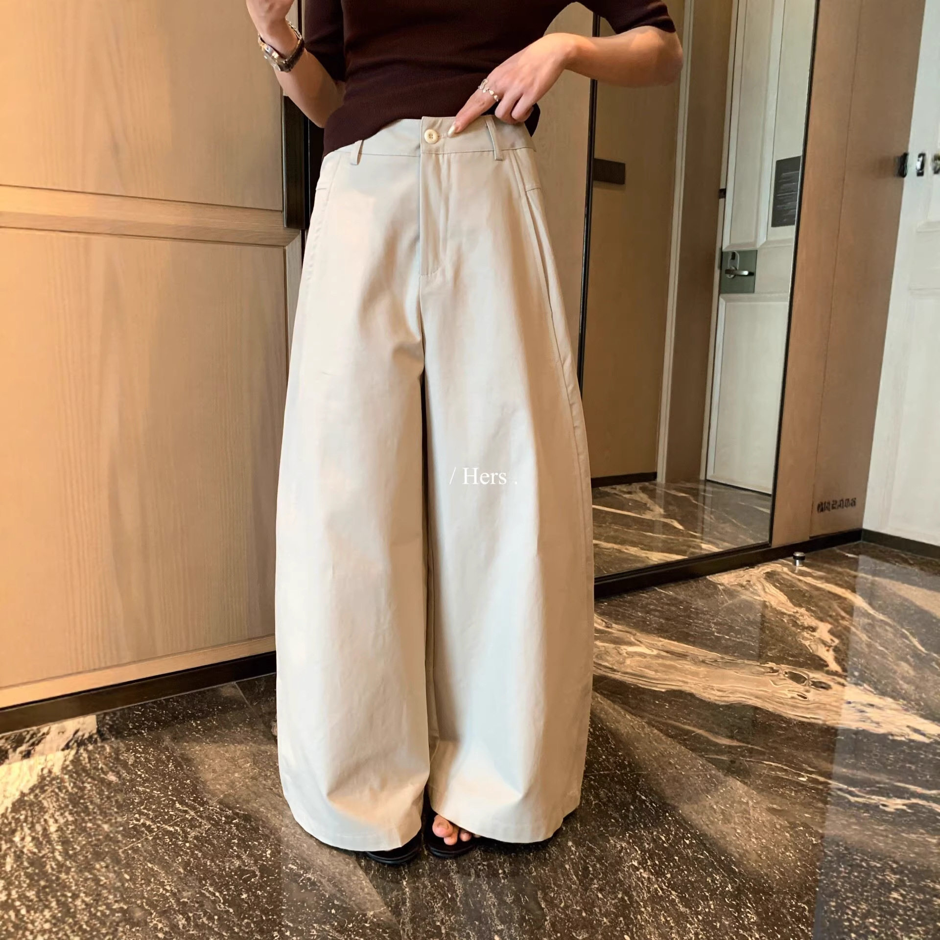 HERS一勺甜休闲裤 韩系2026夏季阔腿棉感西裤女高腰直筒裤女80433