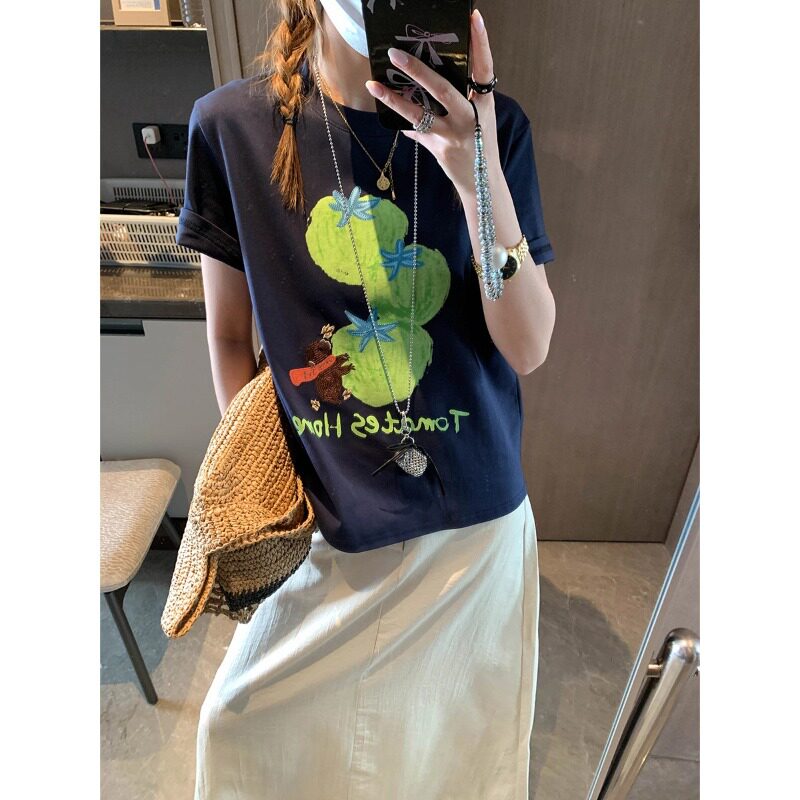摩且 时髦精私服 卡通小熊番茄刺绣印花圆领显瘦短袖T恤 MQ1219