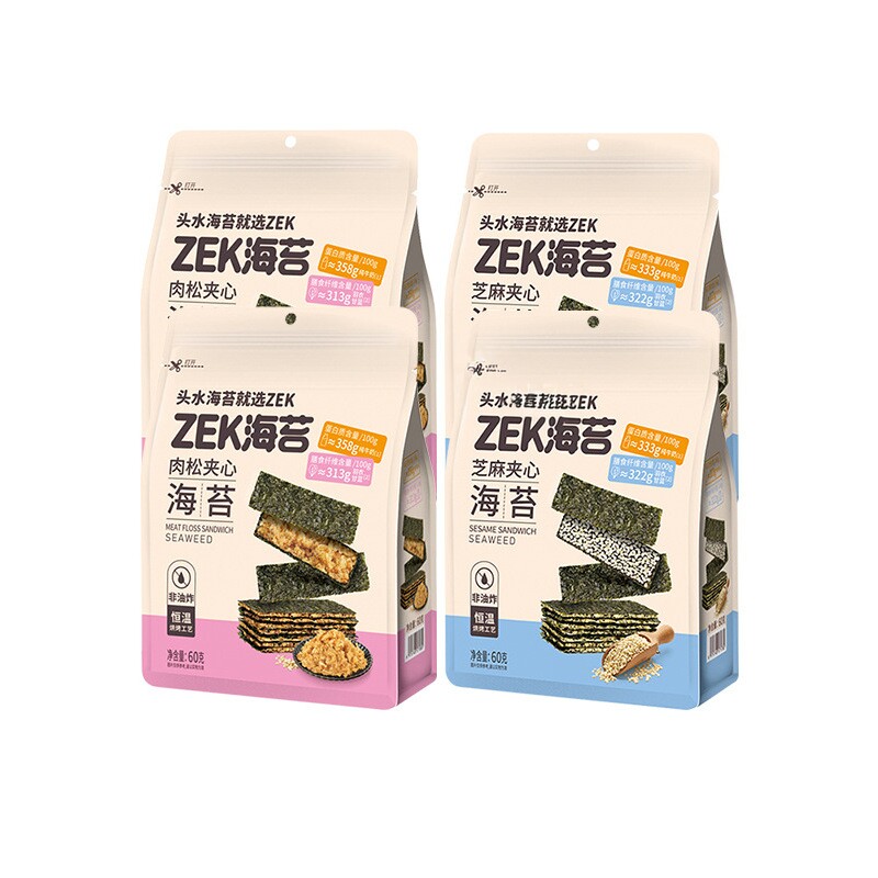 ZEK肉松夹心芝麻夹心海苔60g袋装儿童即食紫菜海苔脆片休闲零食