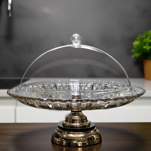 水晶玻璃高脚果盘客厅家用2026新款 高档高颜值轻奢高端带盖水果盘