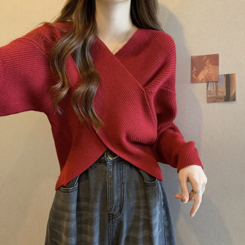 交叉设计感V领显瘦毛衣女
