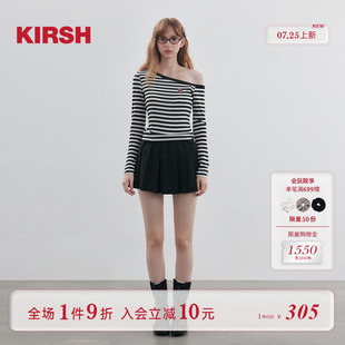 甜美刺绣露肩上衣 樱桃KIRSH 韩系撞色条纹斜肩长袖 T恤女秋季 新款