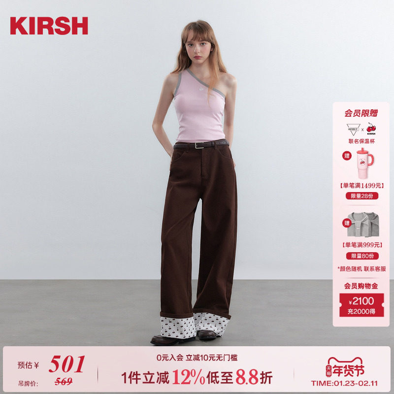 樱桃KIRSH 韩系复古印花卷边阔腿休闲裤女秋冬新款百搭直筒长裤,女装/女士精品,休闲裤,淘宝优惠券,粉丝福利购,淘宝优惠卷