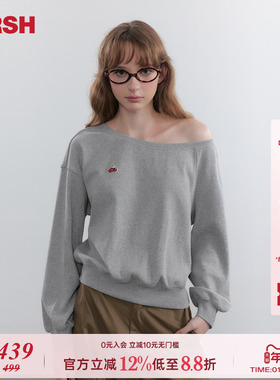 【宋祖儿同款】樱桃KIRSH 韩系斜肩宽松灰色卫衣女休闲露肩上衣