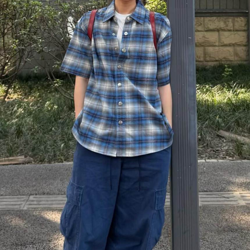 美式复古法兰绒蓝格短袖衬衫图片