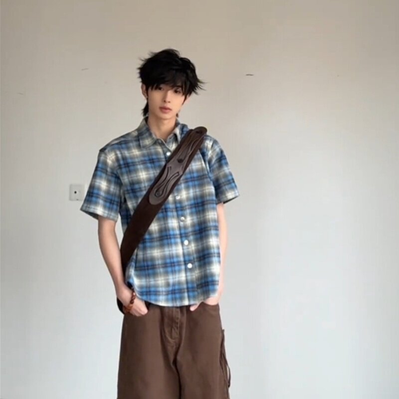 美式法兰绒蓝格宽松短袖衬衫开衫图片