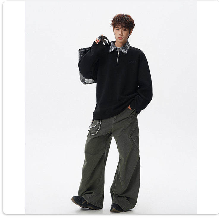 美式复古半拉链polo卫衣男女假两件格纹休闲外套宽松情侣翻领上衣