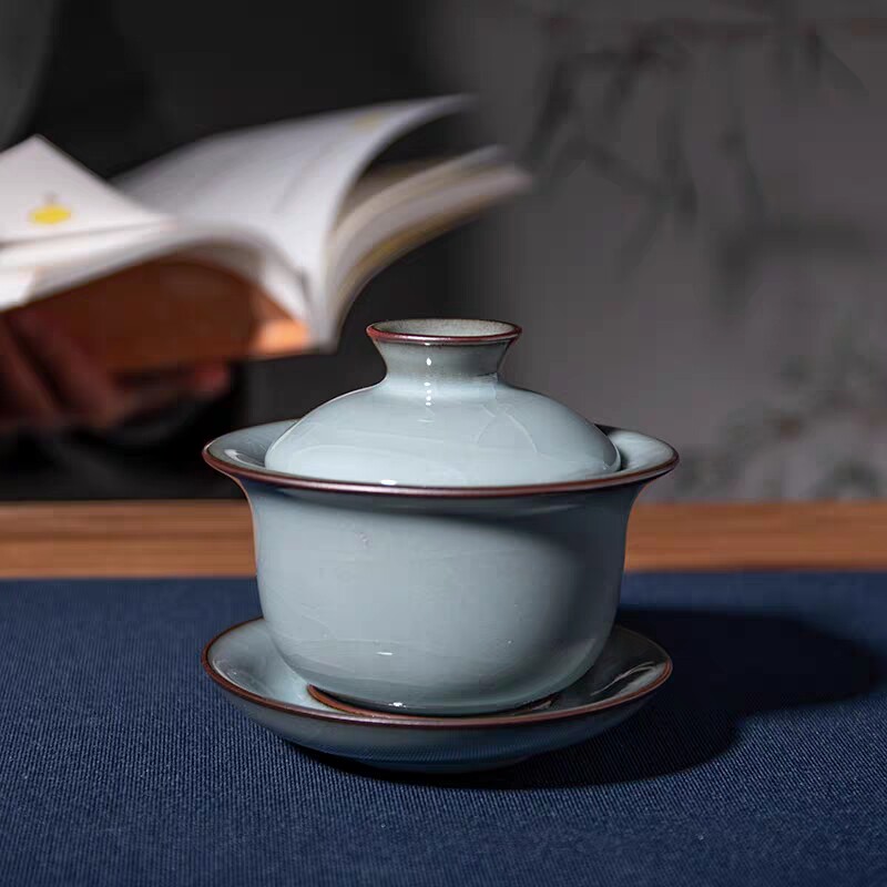龙泉青瓷哥窑王文手工三才盖碗茶杯单个大号中式泡茶碗功夫茶具送
