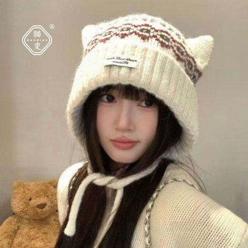 费尔岛风帽子甜美可爱猫耳朵针织