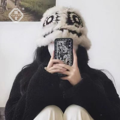 真兔毛针织毛绒帽女秋冬毛茸茸