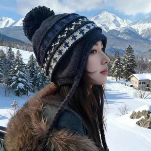 费尔岛针织毛线帽女秋冬加绒加厚保暖帽子东北防寒骑车护耳雷锋帽