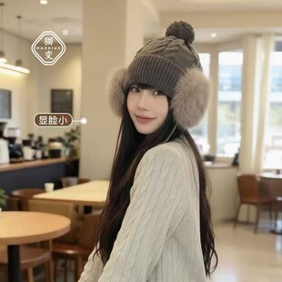 韩版毛绒球球绑带针织雷锋帽子女秋冬季保暖可爱护耳显脸小毛线帽