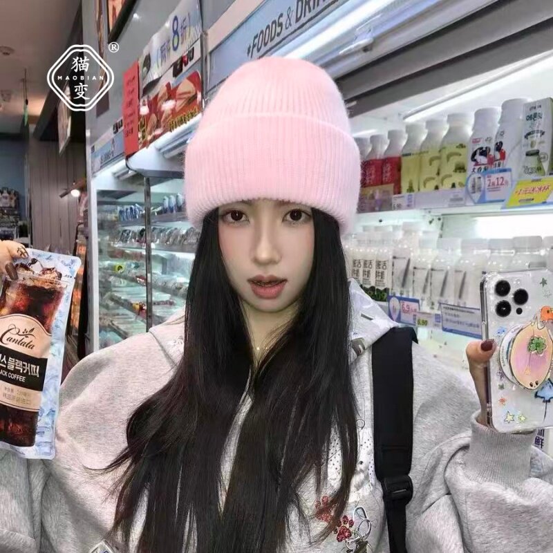 日系可爱白色毛线帽子女秋冬新款图片