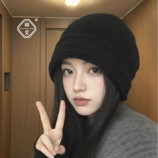 大头围褶皱堆堆帽女2025新款秋冬季显脸小包头冷帽百搭针织毛线帽