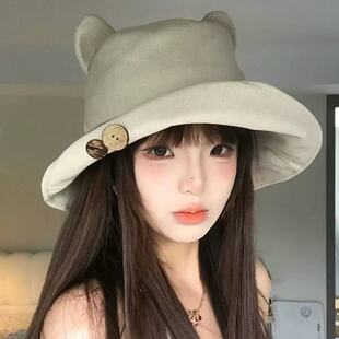 日系可爱猫耳双面戴帽子女款夏季薄款遮阳帽防晒帽渔夫帽百搭盆帽
