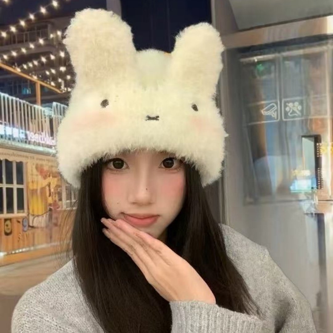 可爱白色兔耳朵毛绒帽子女冬季防寒保暖针织帽毛线帽护耳包头冷帽