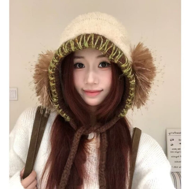 毛绒耳罩护耳针织帽女秋冬季韩系显脸小保暖防寒套头毛线雷锋帽子