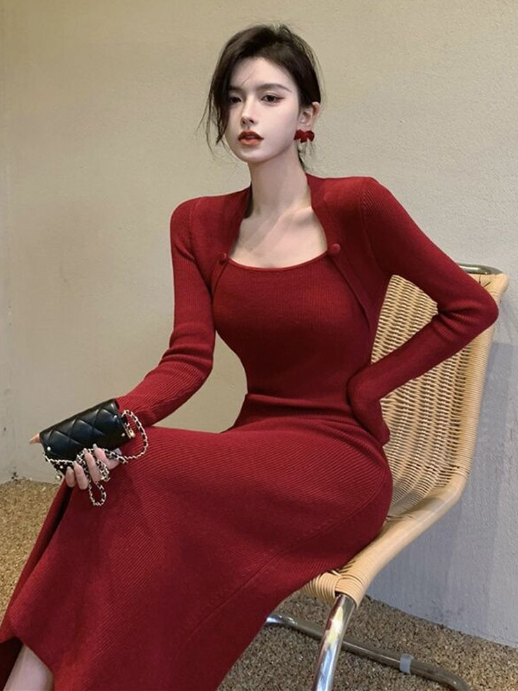 토스트 착용 신부 연례 회의 드레스 연회 여성스러운 하이 엔드 스퀘어 칼라 레드 니트 드레스 가을 겨울 여성