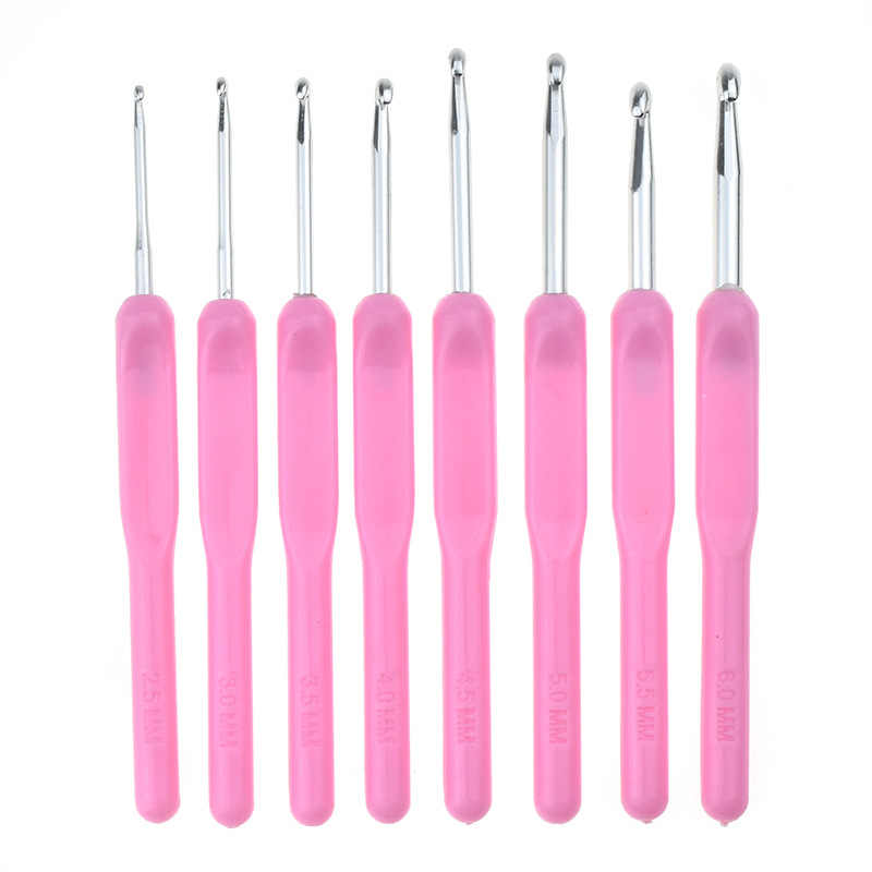 粉色PE硬柄半截金属铝钩针套装手工编织工具8H044针线