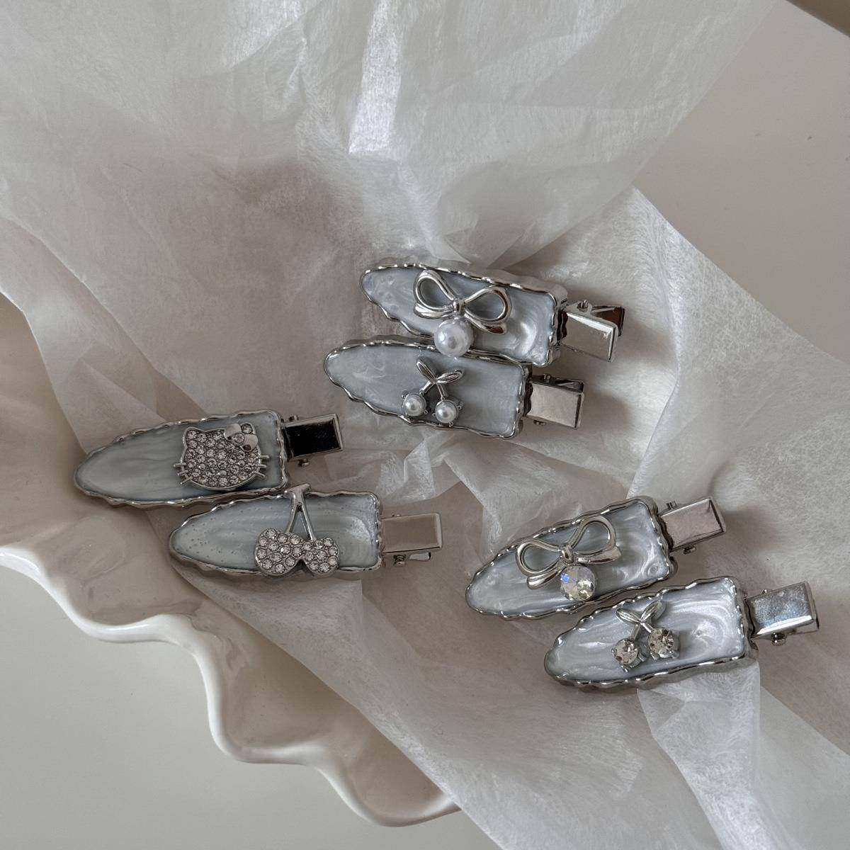 滴油银色系少女高级金属闪钻樱桃蝴蝶结无痕夹刘海侧边夹碎发夹头