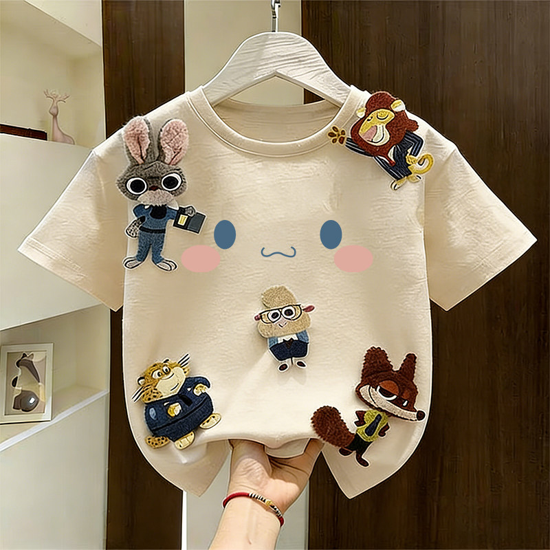 夏季儿童疯狂动物卡通立体玩偶短袖T恤男女童纯棉宽松中大童上衣