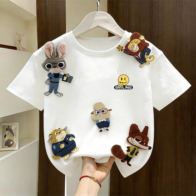 儿童夏季2026新款立体玩偶疯狂动物公仔短袖T恤纯棉男女童装上衣