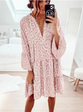 Dress Leopard Print V-Neck Mini Skirt连衣裙豹纹印花V领迷你裙