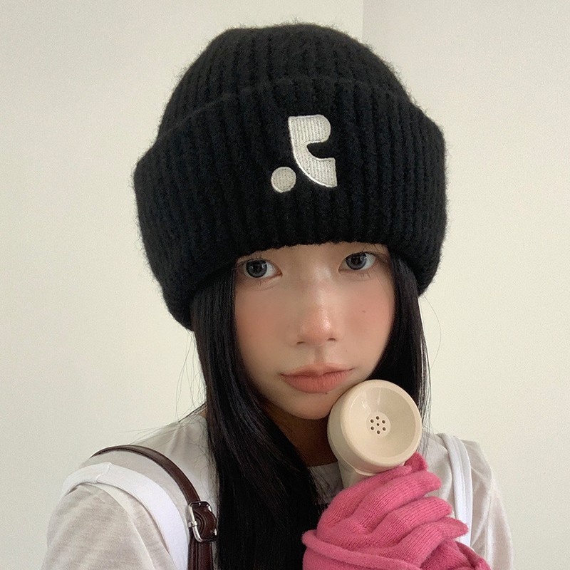 韩系毛线帽子女秋冬针织帽保暖加厚显脸小冷帽男百搭刺绣堆堆帽