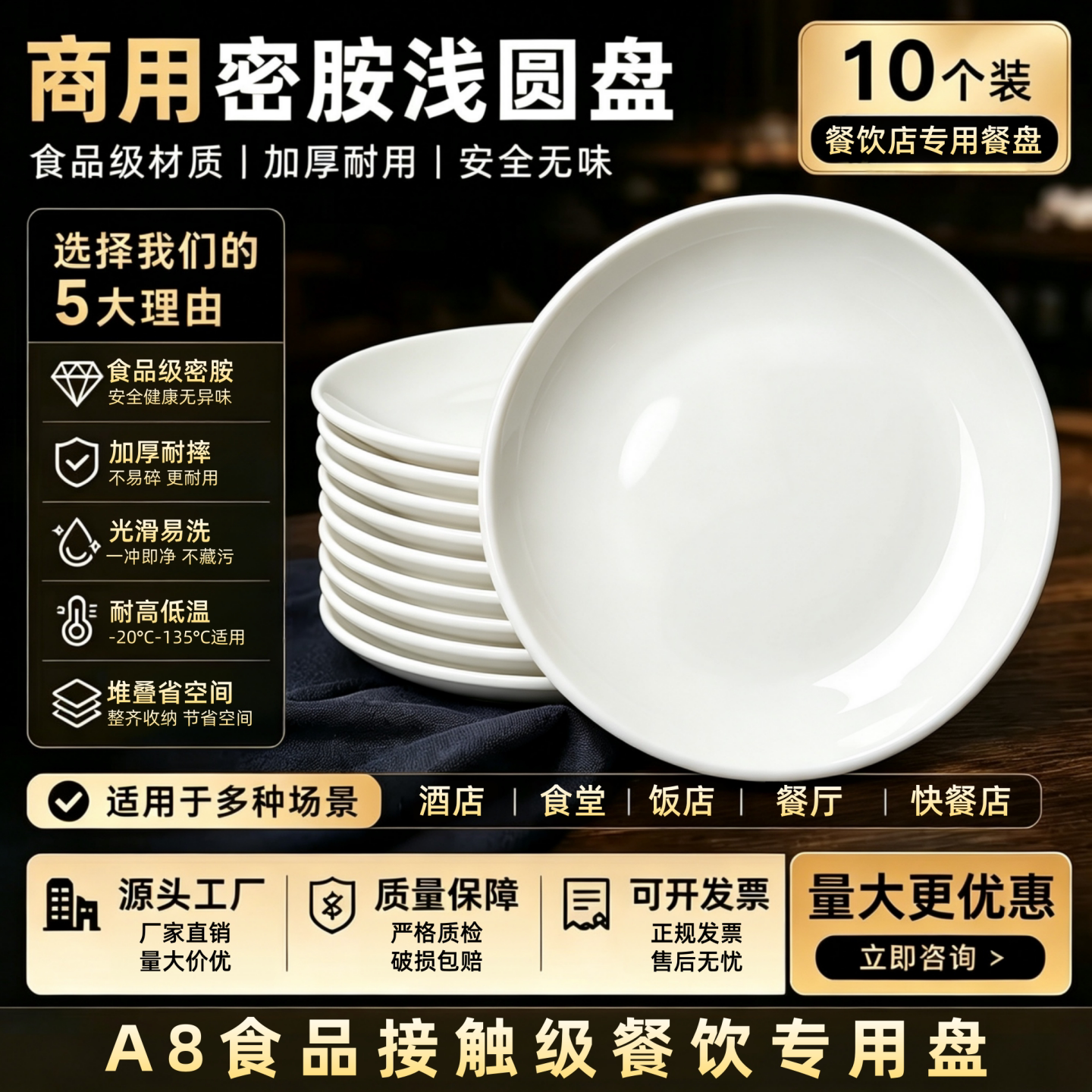 10个装A8密胺圆盘仿瓷餐具圆形盘子塑料餐盘快餐店盘自助菜盘商用