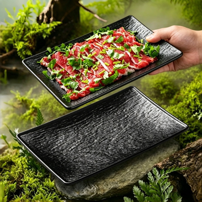 密胺黑色日式肉盘鲜切牛肉专用盘长方形烧烤自助烤肉盘子摆盘餐盘