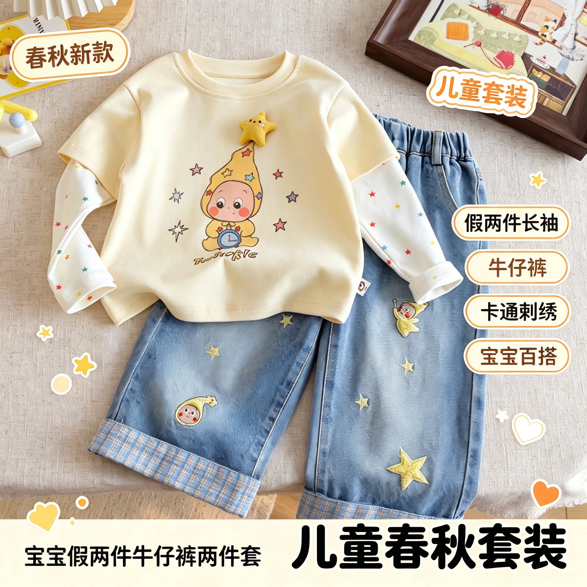 儿童套装春秋新款宝宝假两件长袖牛仔裤两件套男童女童卡通童装潮
