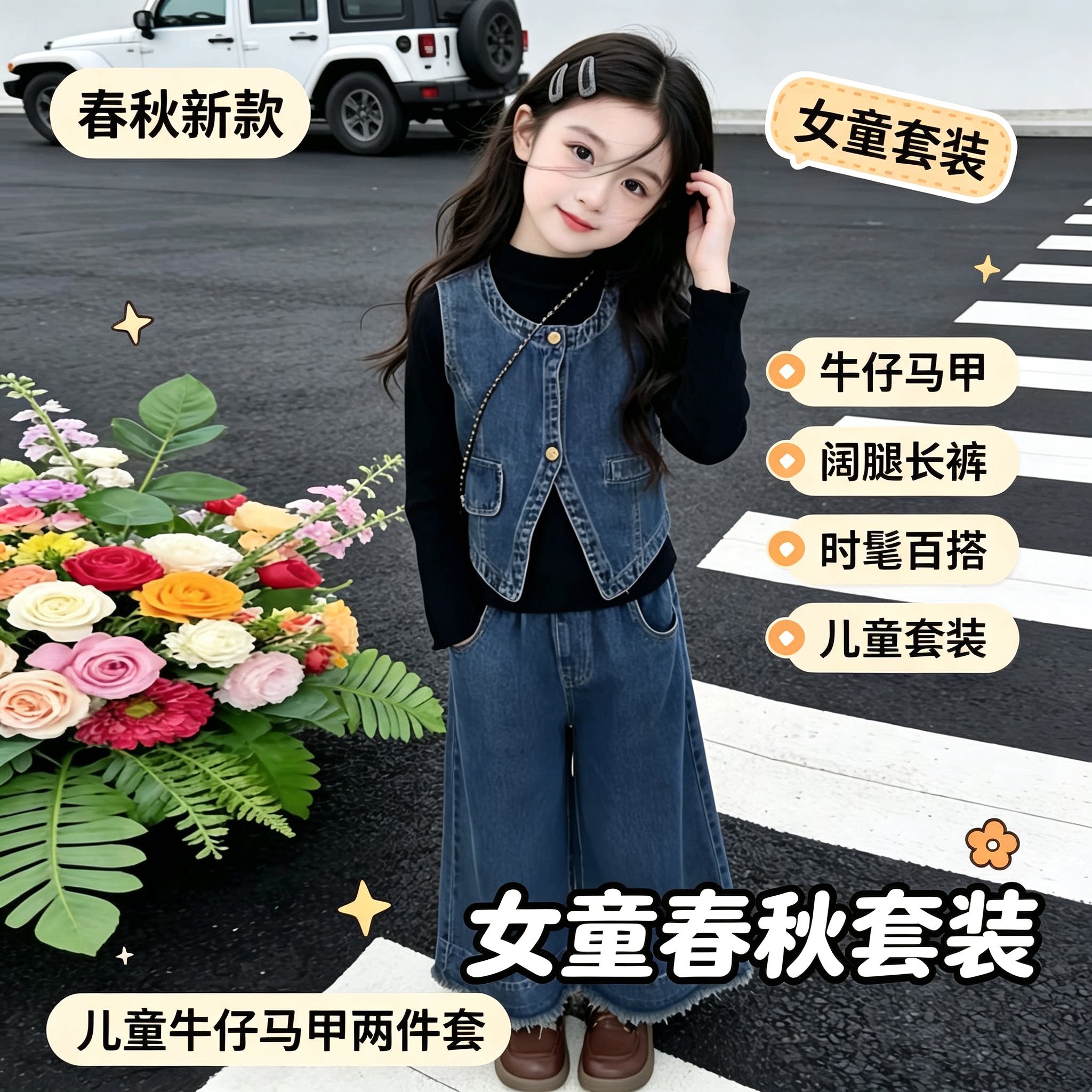 女童春秋套装新款儿童牛仔马甲阔腿裤两件套宝宝时髦休闲童装潮