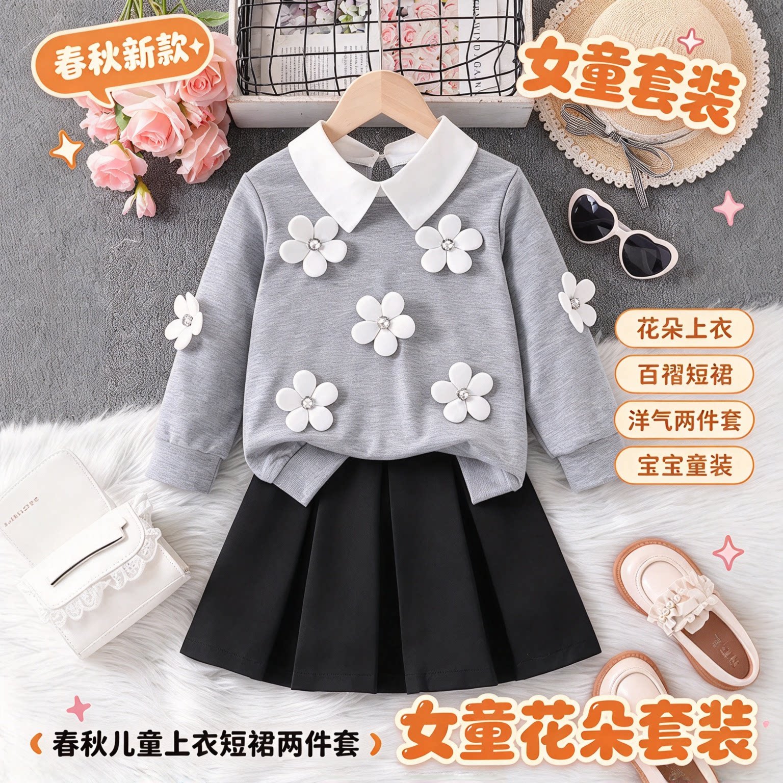 女童套装春秋新款儿童花朵长袖上衣百褶短裙两件套女孩洋气童装潮