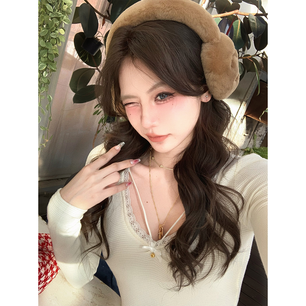 八盖pinkypiggy华夫格蕾丝上衣